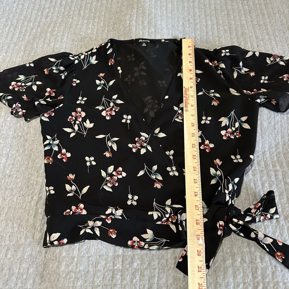 Madewell Cropped Boho Floral Tie Wrap Blouse XS Flutter Sleeve Sheer Black - Picture 3 of 10